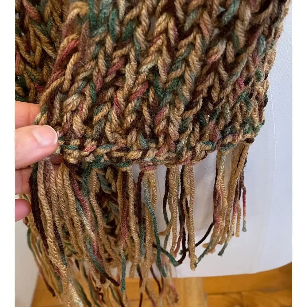 Hand Knit Warm Tones / Earth Tones Multicolor Skinny Scarf with Fringe